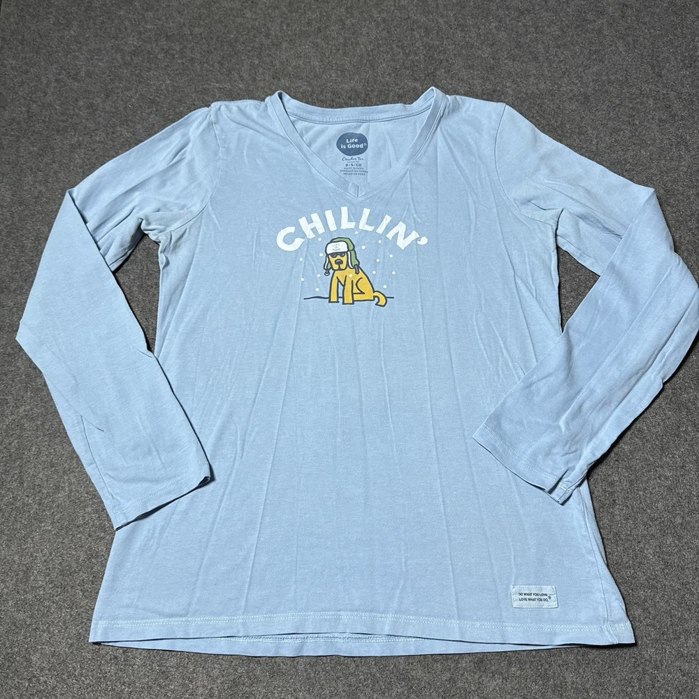 Life is Good Crusher Tee Womens Chillin Dog Longsleeve Shirt Size‎ S Retro Y2K